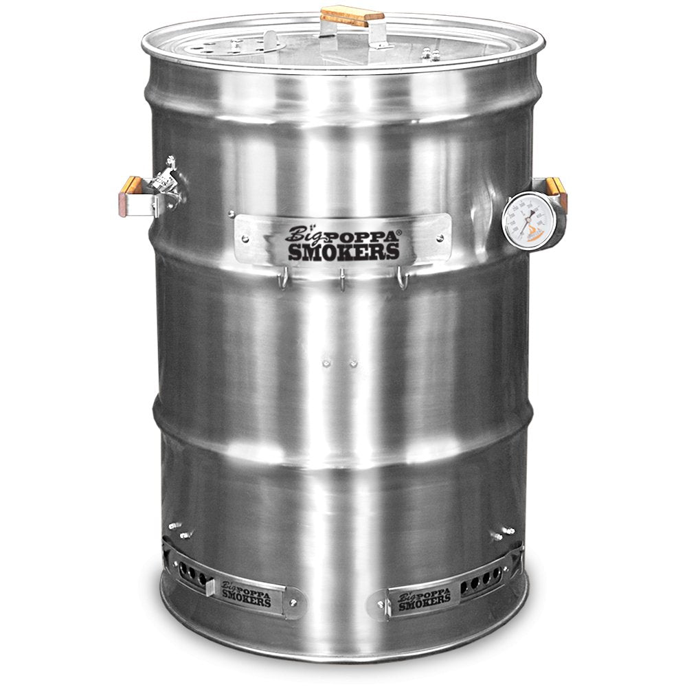 Stainless steel drum smoker from Big Poppa Smokers featuring multiple air vents, a thermometer on the side, and the Big Poppa Smokers logo branded near the top. This smoker is designed for efficient cooking with controls for temperature and airflow.