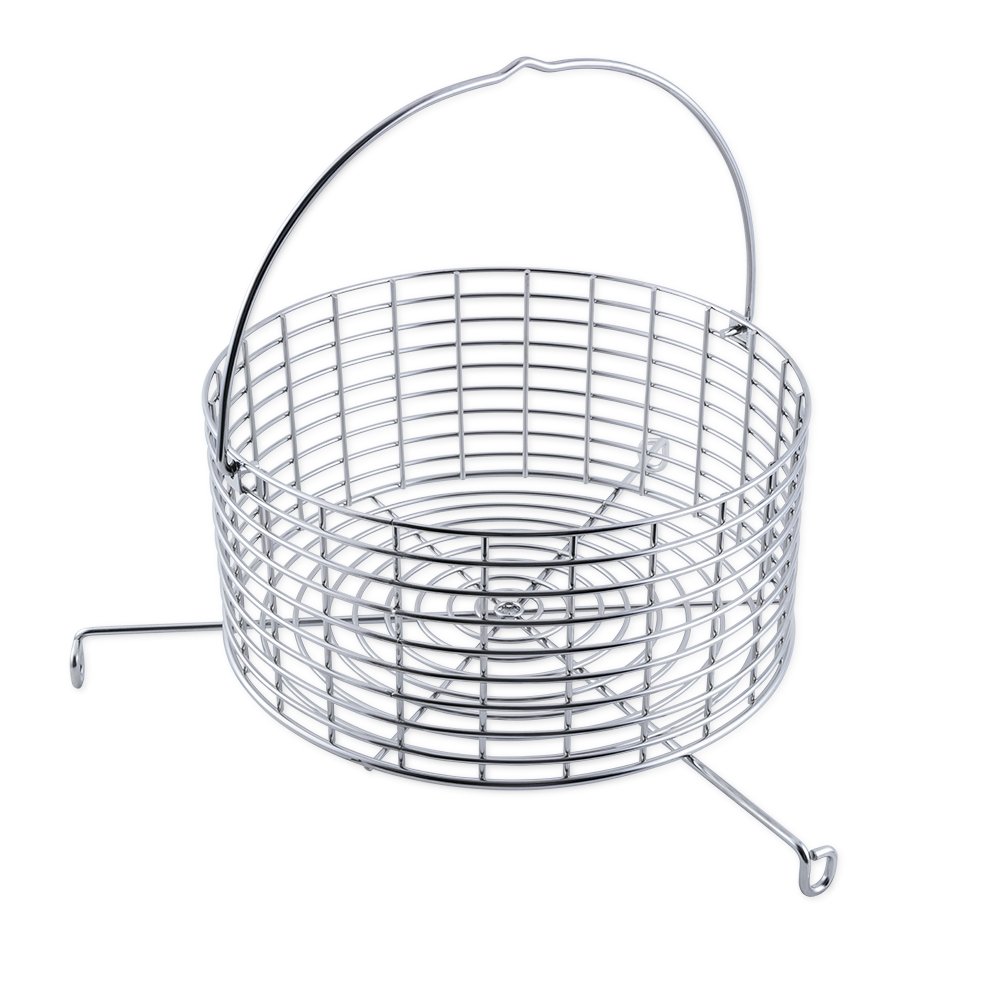 Stainless steel charcoal basket with a circular design featuring multiple ventilation slots for airflow. It includes a handle for easy lifting and a stabilizing leg to maintain position inside a grill.