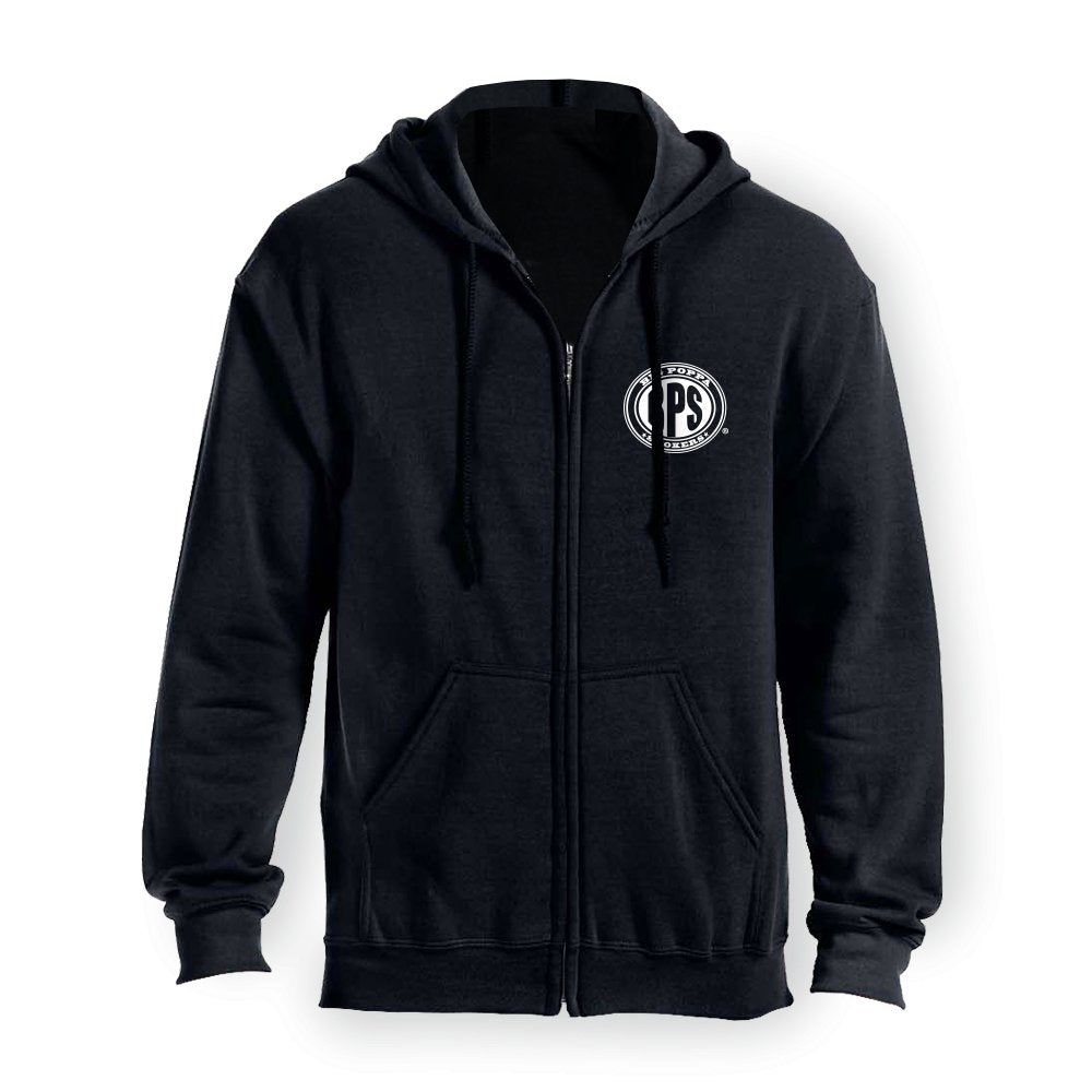 Black zip-up hoodie featuring a white and grey circular Big Poppa Smokers logo on the left chest area. The hoodie has a full-length zipper, a drawstring hood, and two front pockets, designed for casual wear.