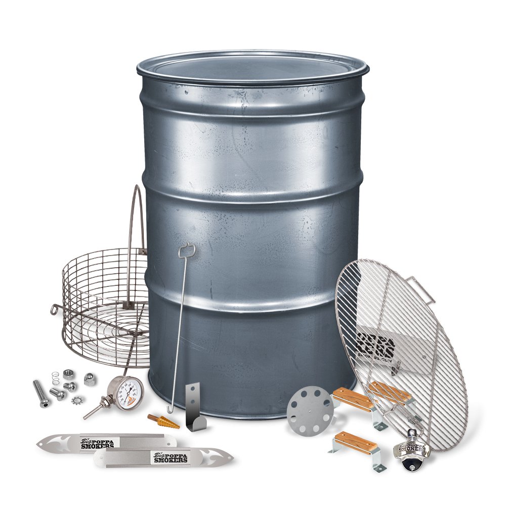 A comprehensive set of the BPS Carbon Drum Smoker Kit components arranged around a metallic drum smoker, showcasing tools such as a grill cooking grate, thermometer, bottle opener, and other accessories.