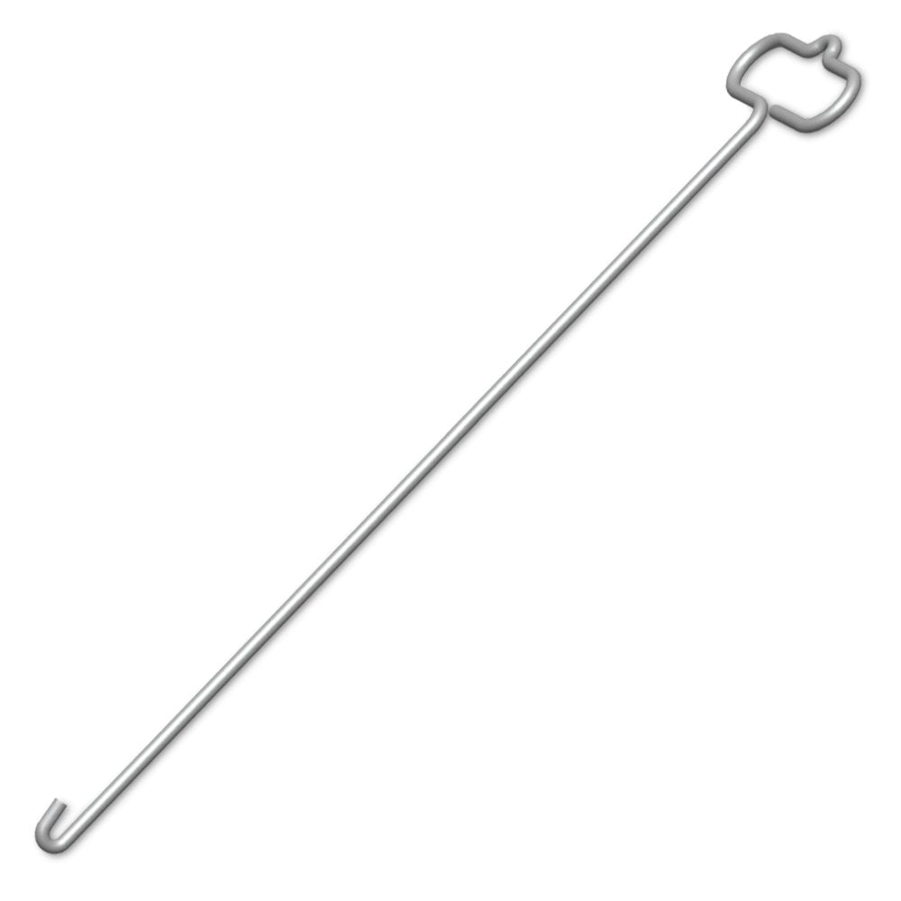 A long, metallic rod with a simple, symmetrical star-shaped handle on one end and a curved hook on the other, set against a stark black background. The rod is designed for practical use, likely as a tool for handling or adjusting items within a drum or smoker.