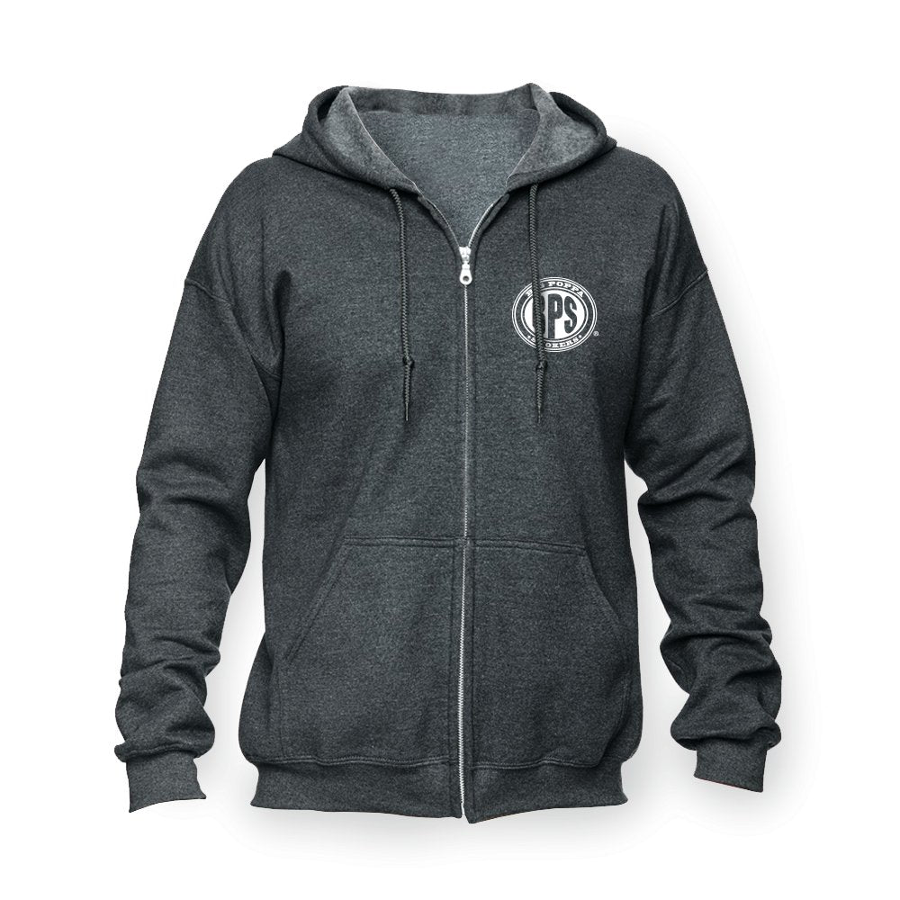 Front view of a dark heather gray zip-up hoodie featuring a small white circular logo of 'Big Poppa Smokers' on the left chest. The hoodie has a zipper closure, drawstrings for the hood, and split kangaroo pockets.