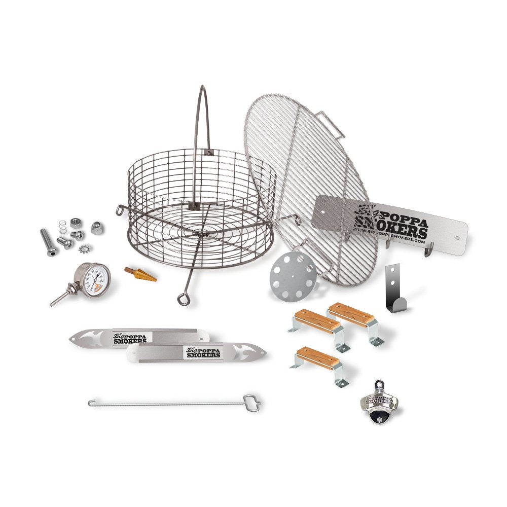 Exploded view of BPS DIY Drum Smoker Kit including labeled parts such as lid handle, top vent, grill cooking grate, bottle opener, thermometer, drum handle, charcoal nest, tool hook shield, charcoal nest hook, vent side door and hardware.