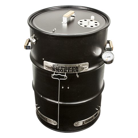 Assembled view of BPS Black Powder Coated Drum Smoker showing a charcoal barrel with accessories like a grill grate, thermometer, tool hooks, and a lid handle.