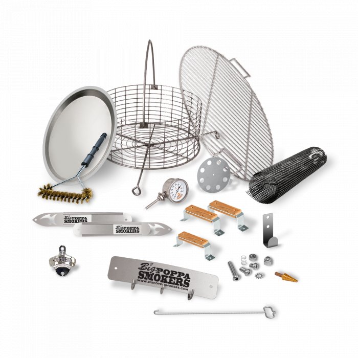 Comprehensive view of all components of the BPS DIY Drum Smoker Kit spread out on a patterned background, featuring a grill grate, drum handles, thermometer, ash catcher, and other hardware accessories.