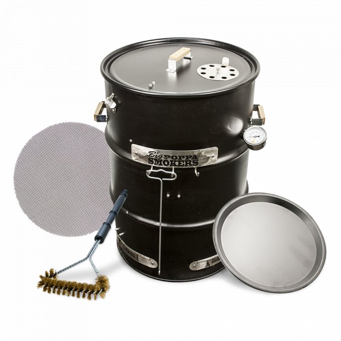 An assembled BPS DIY Drum Smoker Kit with a black barrel, displaying accessories like a grill grate, thermometer, and a cleaning brush, against a dark background.