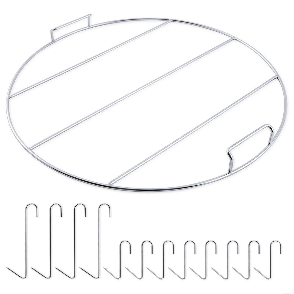 A graphic of a circular, silver barbecue grill grate with parallel bars and an attached handle, displayed alongside a series of S-shaped metal hooks below.