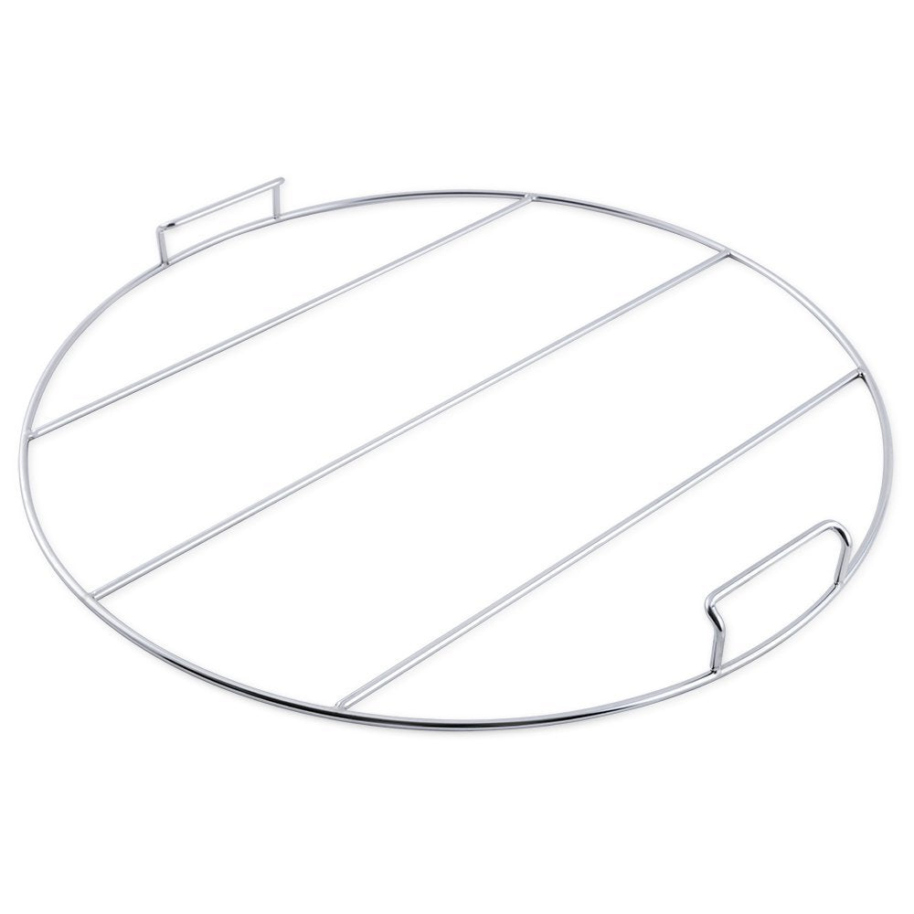 A digital illustration of a round, silver grill grate with parallel and diagonal bars, featuring a rectangular handle on one side.