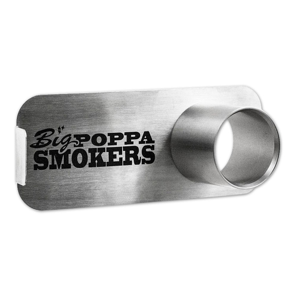 Picture of a stainless steel guru adapter with Big Poppa Smoker's Vintage Logo on it