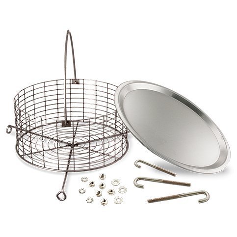 Exploded view of a stainless steel ash catcher assembly kit for a drum smoker, displaying a round grate, several nuts and bolts, and a flat round cover, all arranged on a transparent background.