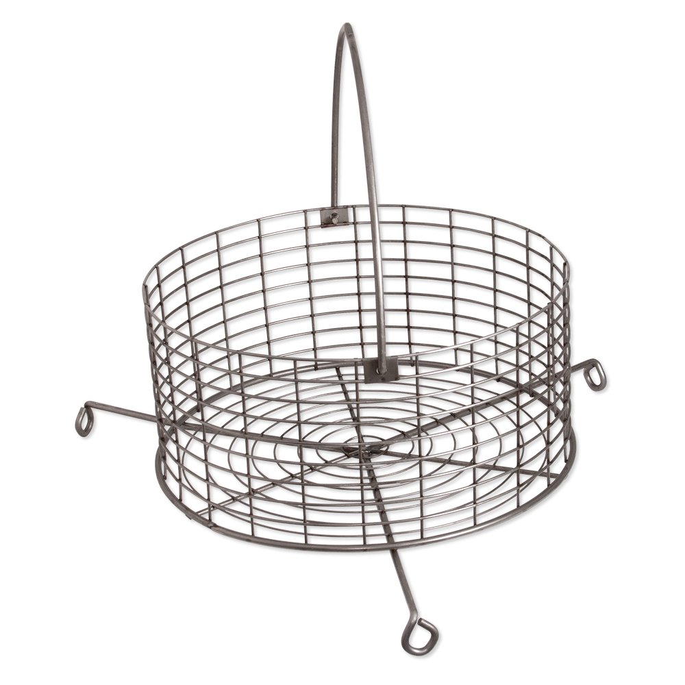 A cylindrical stainless steel charcoal basket featuring a fine mesh design with three supporting legs and a central lifting handle. The basket is designed for efficient airflow and durability, ideal for containing charcoal or wood chunks in a grill or smoker.