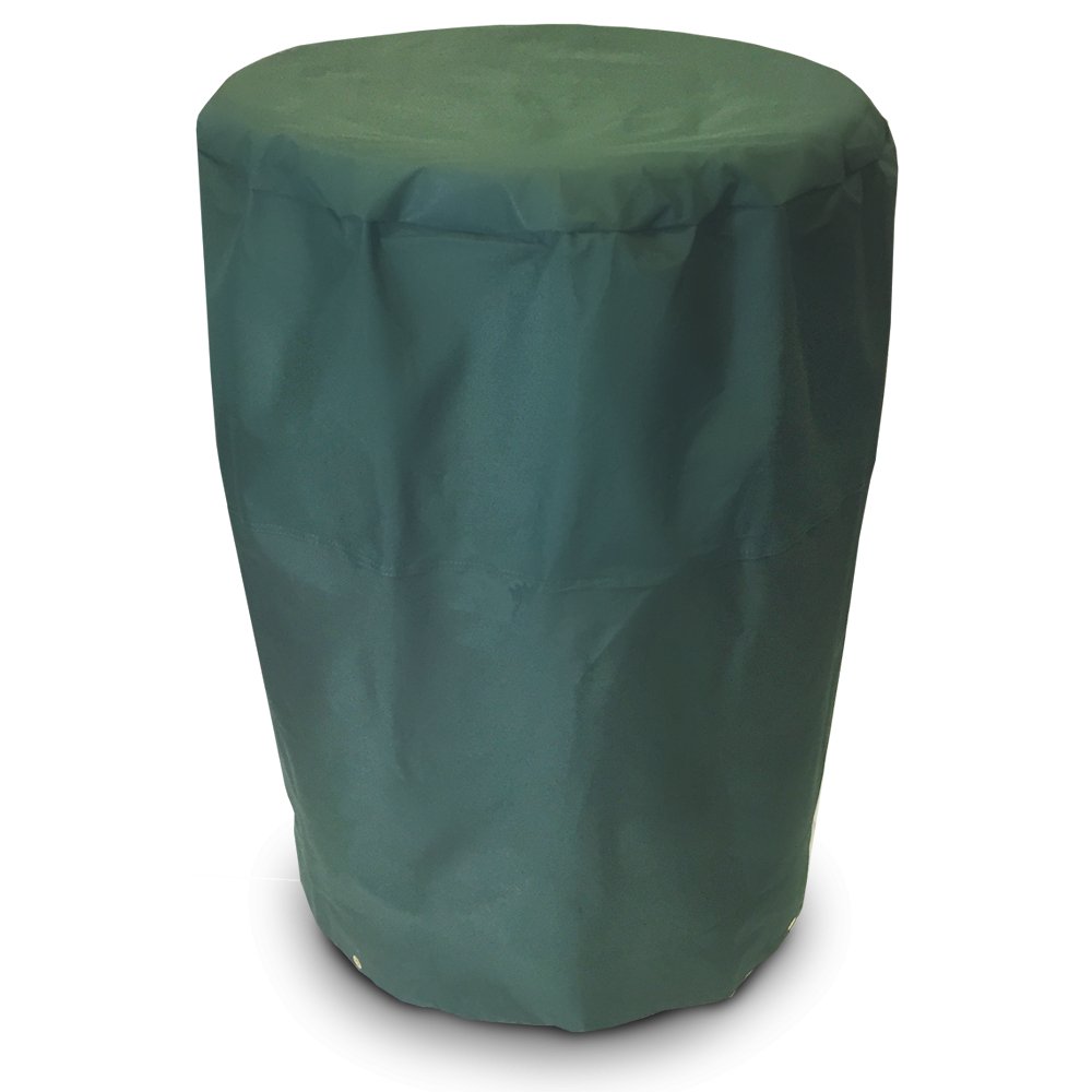 Green fabric cover for a drum smoker, shown with a smooth and seamless design to protect from external elements.