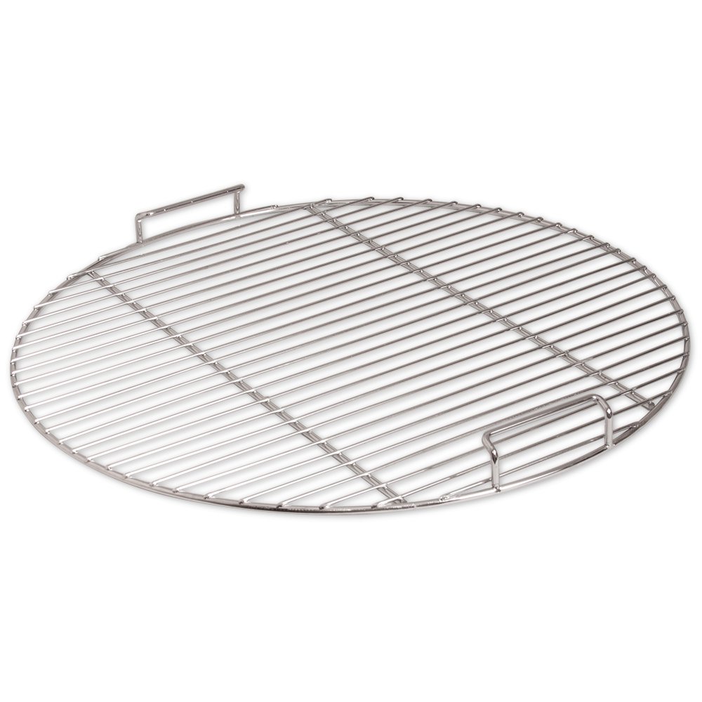 Silver metallic cooking grate for a drum grill, featuring a round design with evenly spaced bars and a small handle for easy lifting. The background is solid black, emphasizing the grate's details.