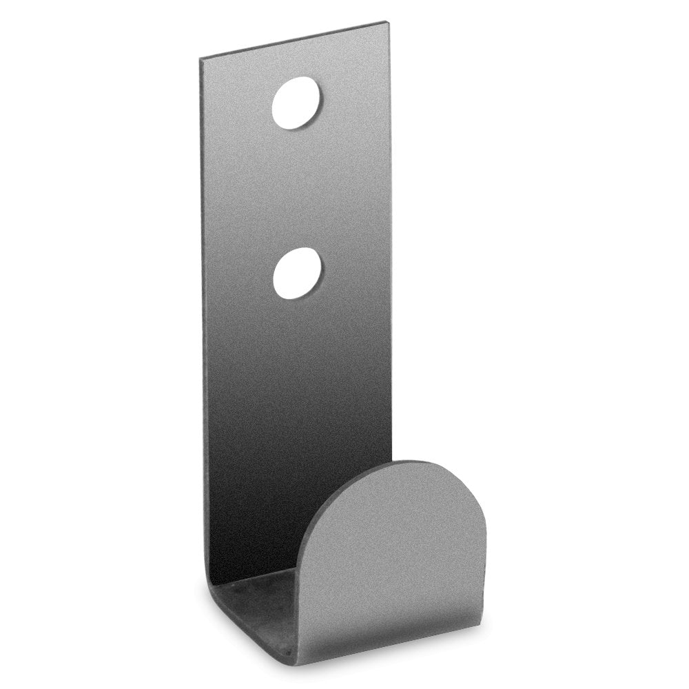 A metallic lid hook for a drum smoker, featuring a vertical design with two circular holes for attachment and a curved base. The hook is displayed against a dark background, silver-gray finish and streamlined shape.