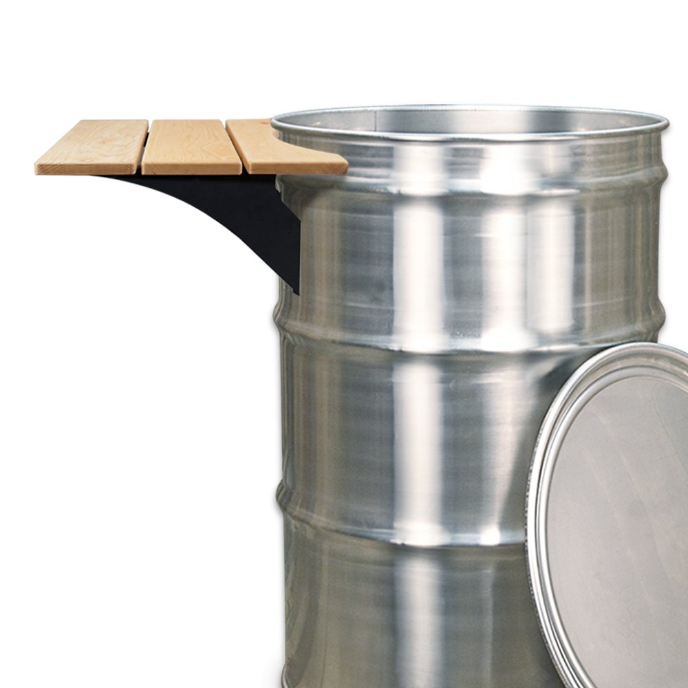 A wooden side table attached to a silver metal drum. The table is mounted on the side of the drum and features a natural wood finish and black metal brackets.