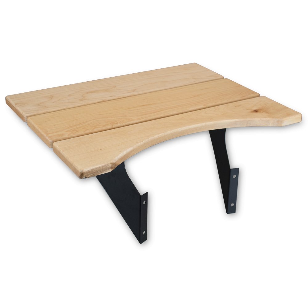 Image showing an assembled wooden side table with two metal support brackets. The table top is made from natural wood planks and has a gentle curve on one edge, fitted with matte black metal brackets.