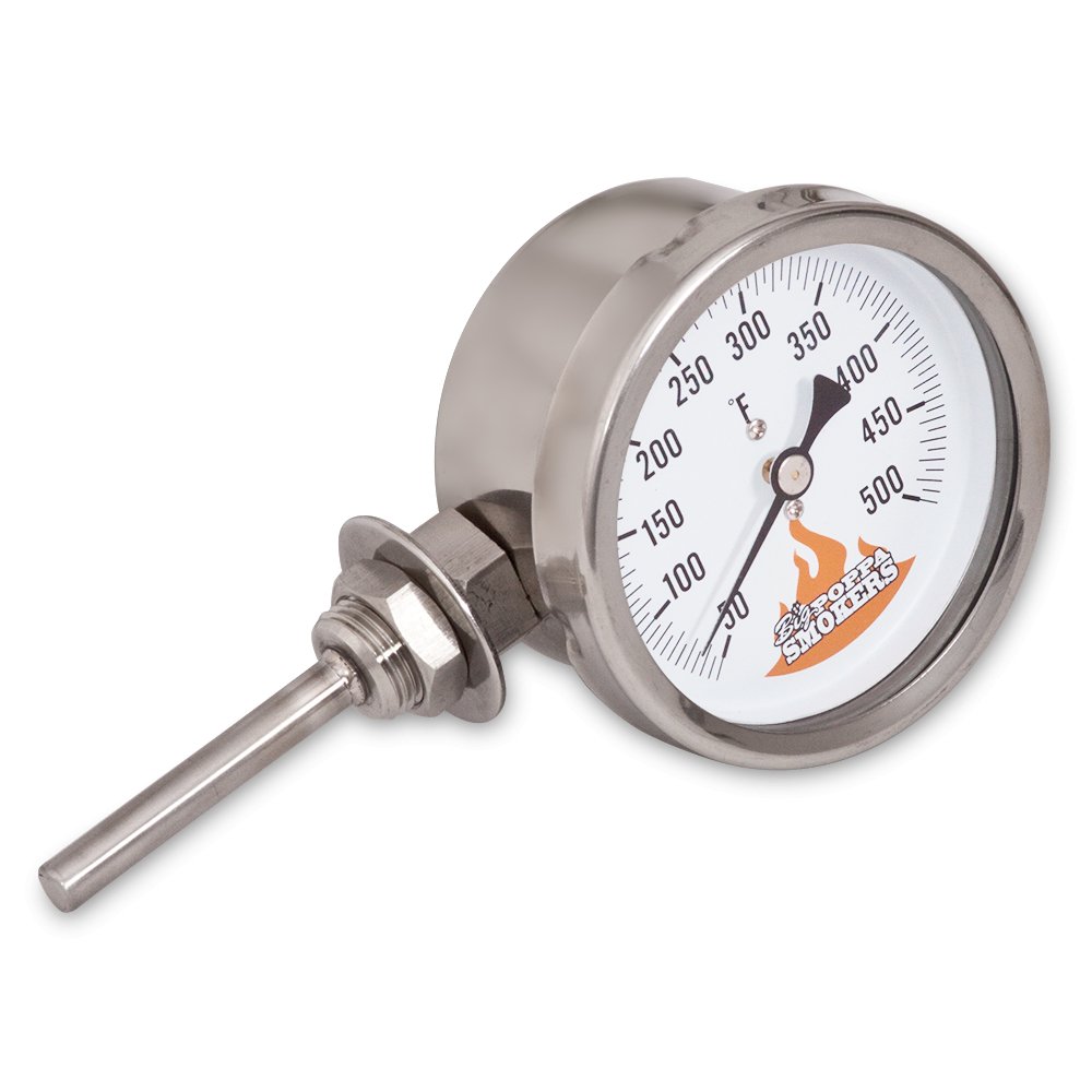 Close-up image of a stainless steel barbecue thermometer with a circular dial. The dial is marked with temperatures ranging from 100 to 500 degrees Fahrenheit and features an orange flame logo at the 400-degree mark. The thermometer has a long metal probe extending from its base for measuring heat.