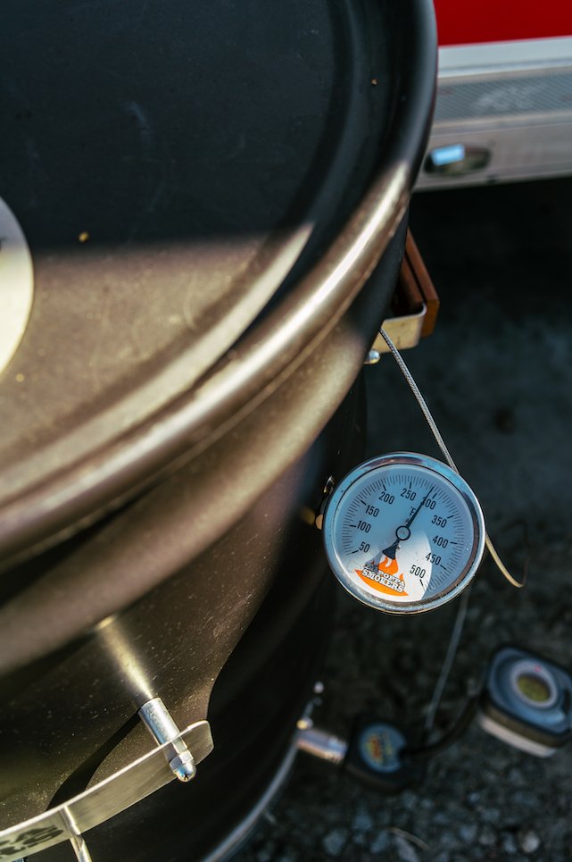 Close-up view of a black barrel smoker's temperature gauge, showing a reading between 250 and 300 degrees Fahrenheit. The smoker has a "Big Poppa Smokers" logo on the gauge.