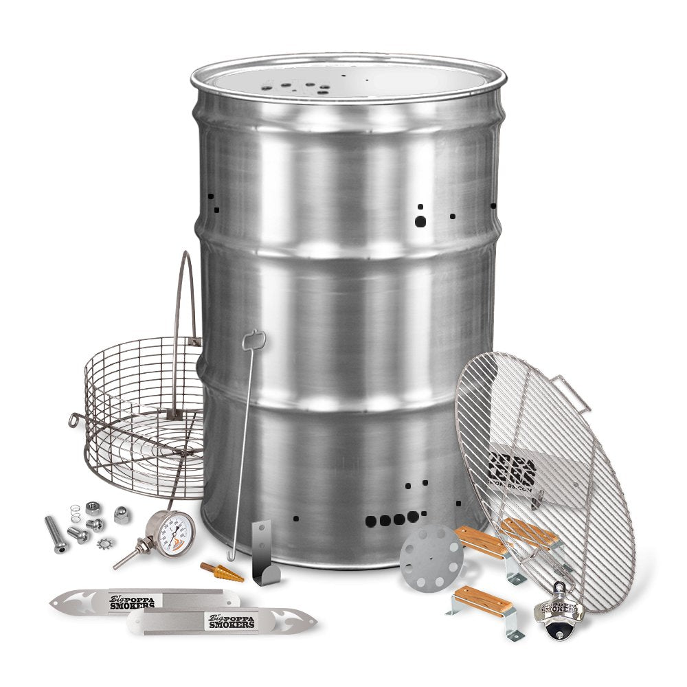 A comprehensive display of a stainless steel drum smoker kit and its various components. The kit includes a shiny metallic drum, a circular grill cooking grate, a thermometer, and various small tools and hardware, all presented against a black background.