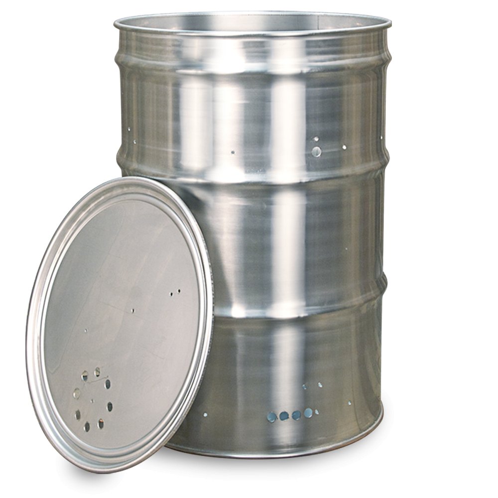  Image of a stainless steel drum with a removable lid, showcasing multiple pre-drilled holes. The drum has a polished finish and is set against a black background, highlighting its sleek design suitable for a smoker kit.