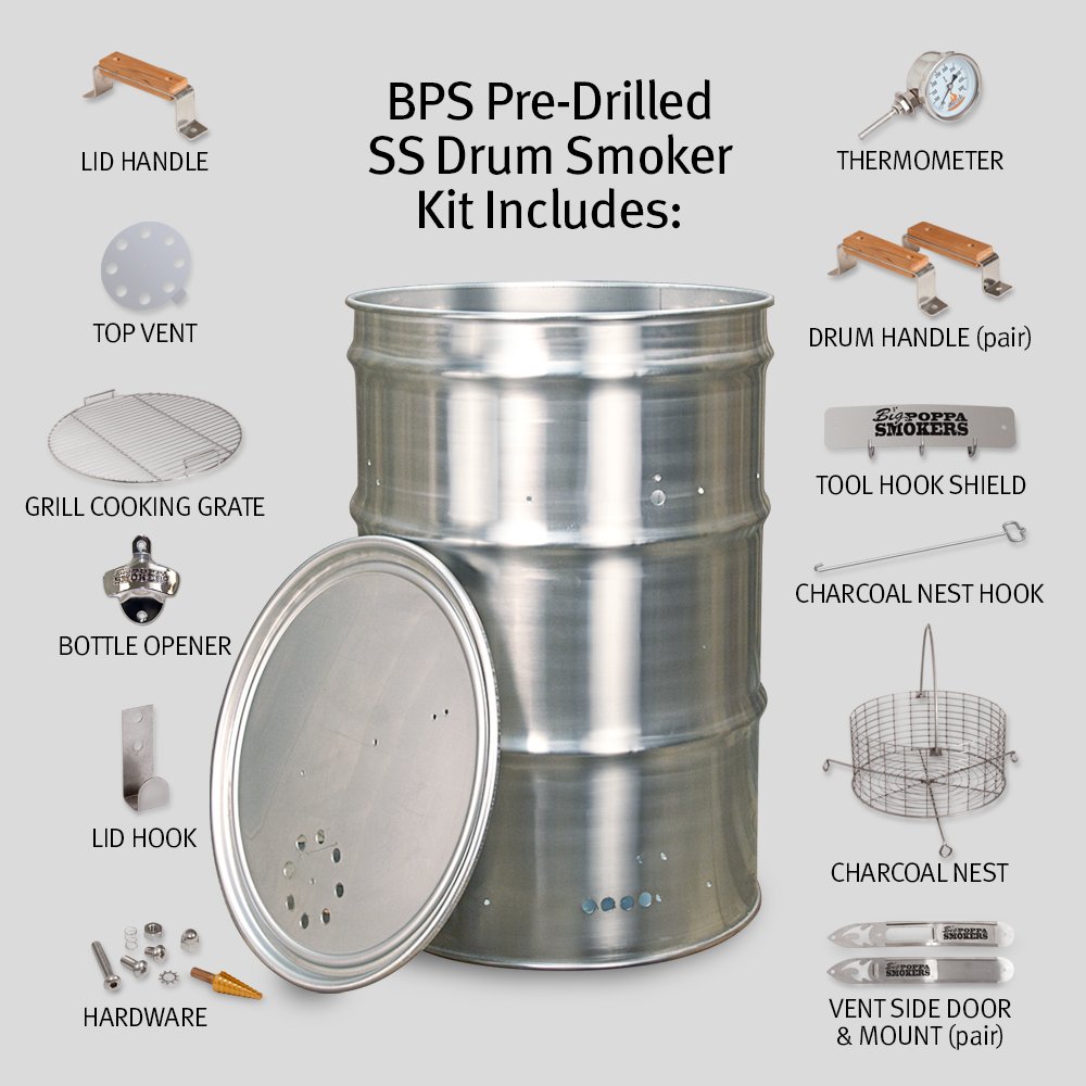 An informative graphic detailing the parts included in a BPS Pre-Drilled Stainless Steel Drum Smoker Kit. Featured centrally is a metallic drum, surrounded by parts such as a lid handle, top vent, grill cooking grate, bottle opener, and additional accessories, all on a white background with labels.