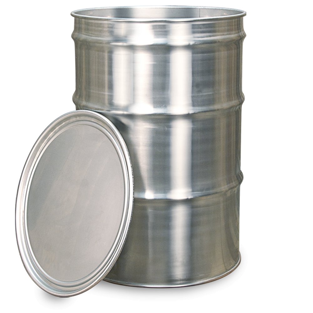 A stainless steel drum with a removable lid placed beside it. The drum and lid have a polished metallic finish