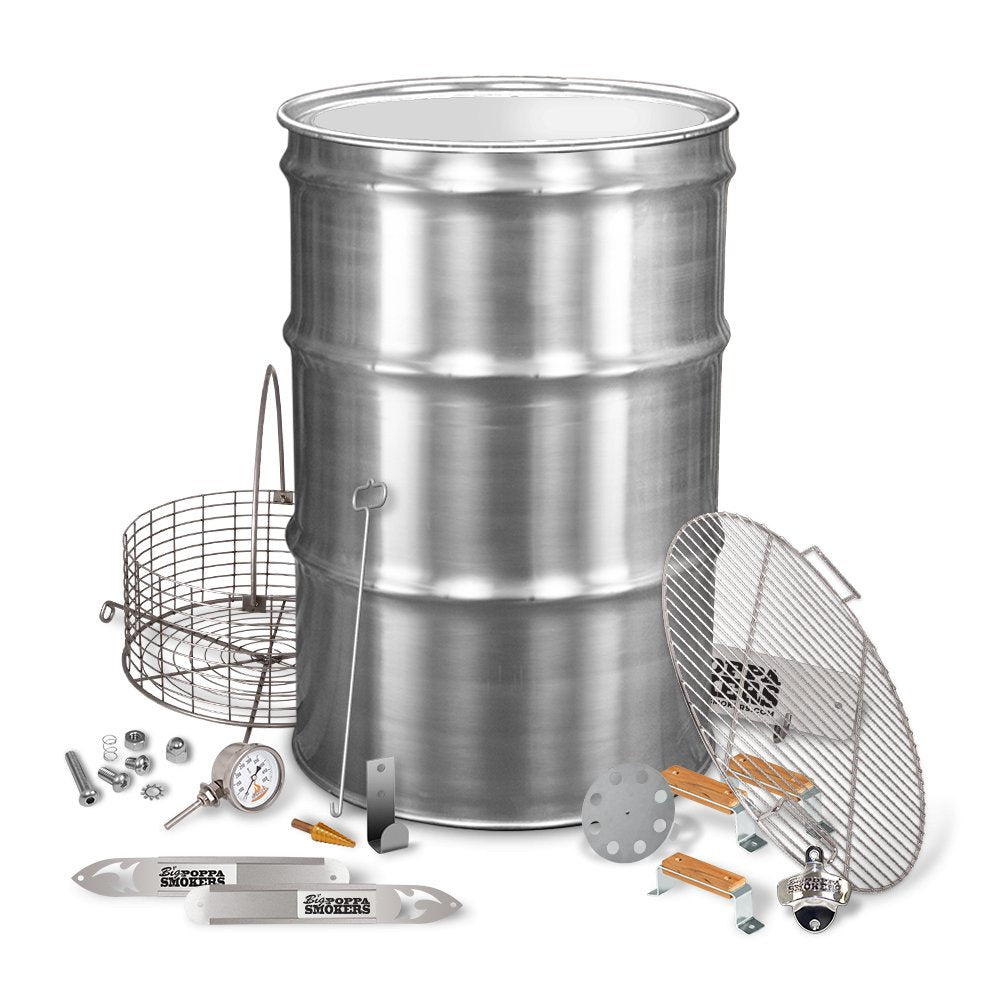 An ensemble of stainless steel drum smoker kit components arranged neatly against a dark background. The set includes a drum, cooking grate, charcoal nest, lid hook, thermometer, and other accessories