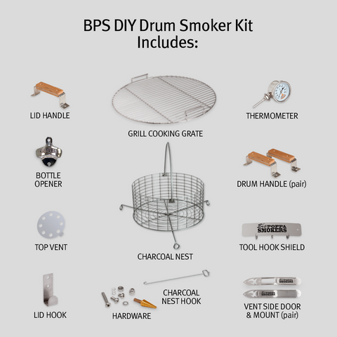 An overview of BPS DIY Drum Smoker Kit components spread out, including lid handle, grill cooking grate, thermometer, drum handle, charcoal nest, tool hook shield, and hardware.