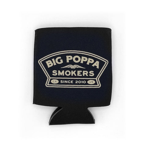 An empty neoprene can cooler in black with the arched Big Poppa Smokers logo in white, designed for keeping drinks cold.