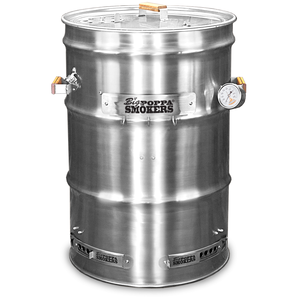 Stainless steel drum smoker from Big Poppa Smokers featuring multiple air vents, a thermometer on the side, and the Big Poppa Smokers logo branded near the top. This smoker is designed for efficient cooking with controls for temperature and airflow.