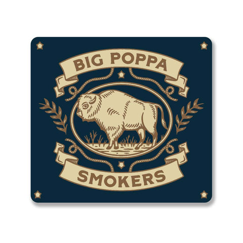 Decorative navy blue square plaque displaying the Big Poppa Smokers logo in a vintage gold style. The logo includes an ornate border with a buffalo centered inside a circular frame, flanked by wheat stalks and topped with the text 'BIG POPPA SMOKERS' on a ribbon banner.