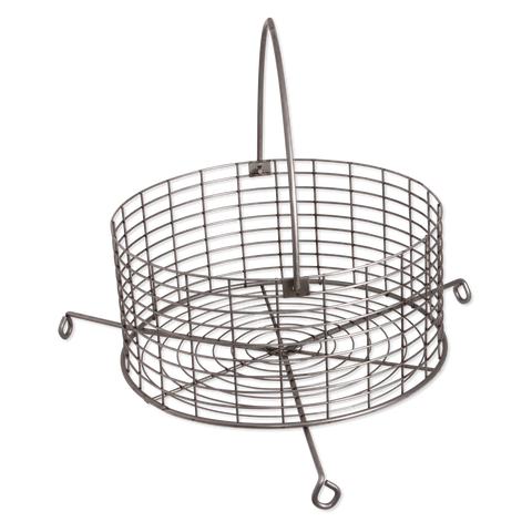 A cylindrical stainless steel charcoal basket featuring a fine mesh design with three supporting legs and a central lifting handle. The basket is designed for efficient airflow and durability, ideal for containing charcoal or wood chunks in a grill or smoker.