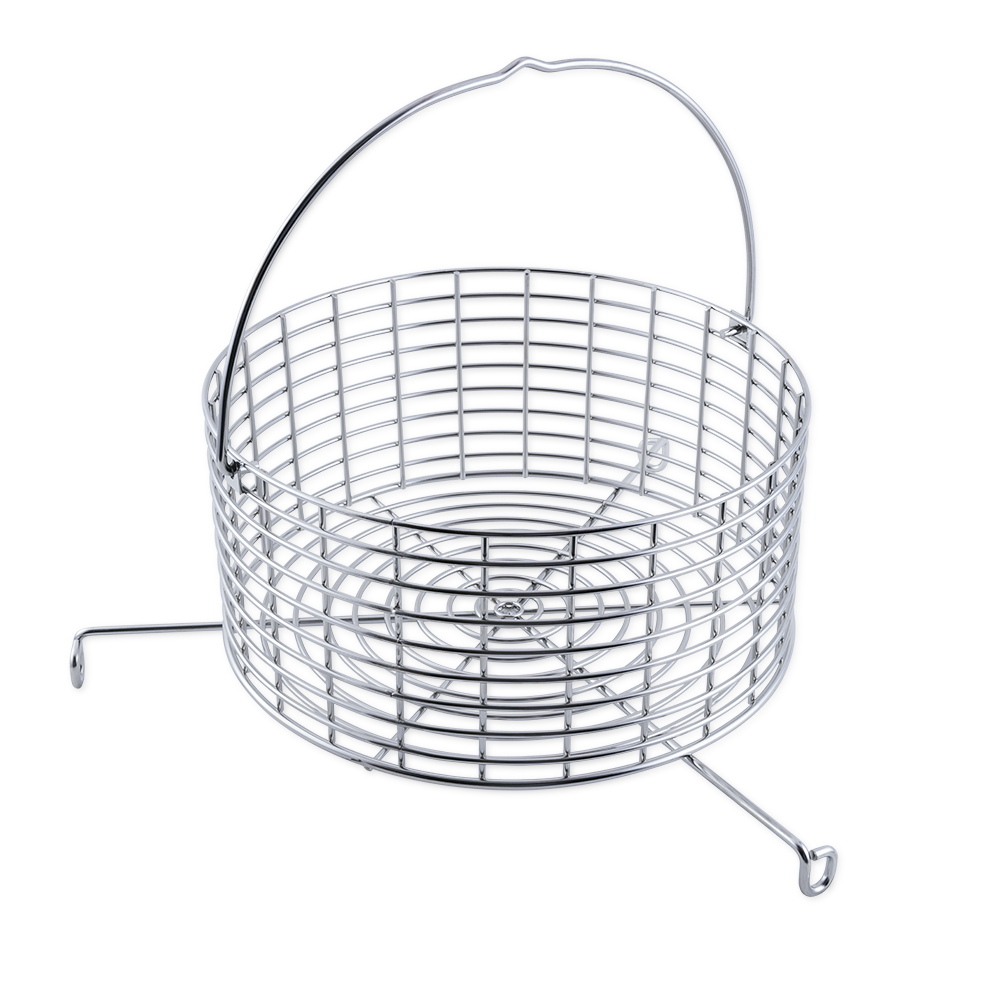 Stainless steel charcoal basket with a circular design featuring multiple ventilation slots for airflow. It includes a handle for easy lifting and a stabilizing leg to maintain position inside a grill.