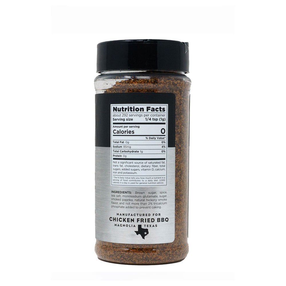 The back of a spice bottle labeled "Chicken Fried BBQ Texas Rib Grind," showing nutritional information, ingredients, and manufacturing details.