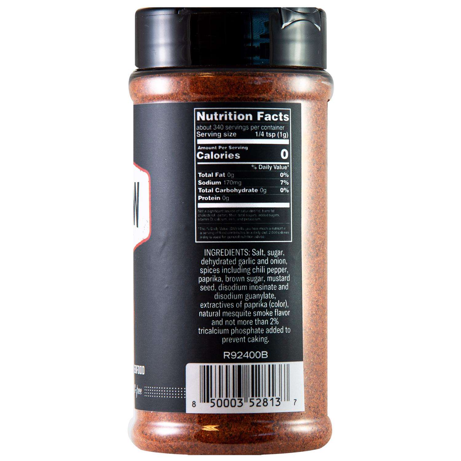 The back of a jar of Clark Crew BBQ Jack'd Brisket Rub showing the nutrition facts and ingredients. The jar is cylindrical with a black lid, containing dark reddish-brown seasoning.