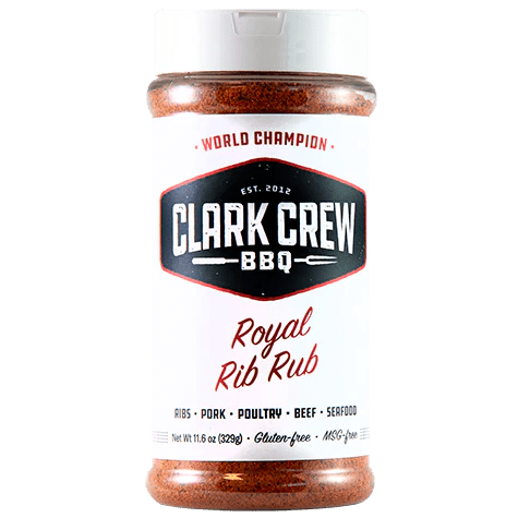 A jar of Clark Crew BBQ Jack'd Brisket Rub with a black cap. The label reads "Clark Crew BBQ World Champion, Jack'd Brisket Rub, Brisket, Beef, Pork, Poultry, Seafood, Gluten-Free, MSG-Free." The net weight is 12.0 oz (340g).