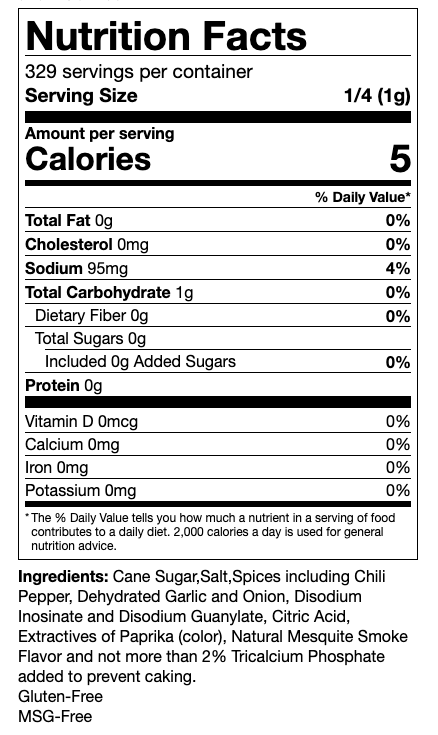 Nutrition facts label for Clark Crew BBQ Royal Rib Rub. Serving size is 1/4 tsp (1g). Each serving contains 5 calories, 0g total fat, 95mg sodium, 1g total carbohydrate, and 0g protein. Ingredients include cane sugar, salt, spices including chili pepper, dehydrated garlic and onion, disodium inosinate and disodium guanylate, citric acid, extractives of paprika (color), natural mesquite smoke flavor, and not more than 2% tricalcium phosphate added to prevent caking. Gluten-Free and MSG-Free.