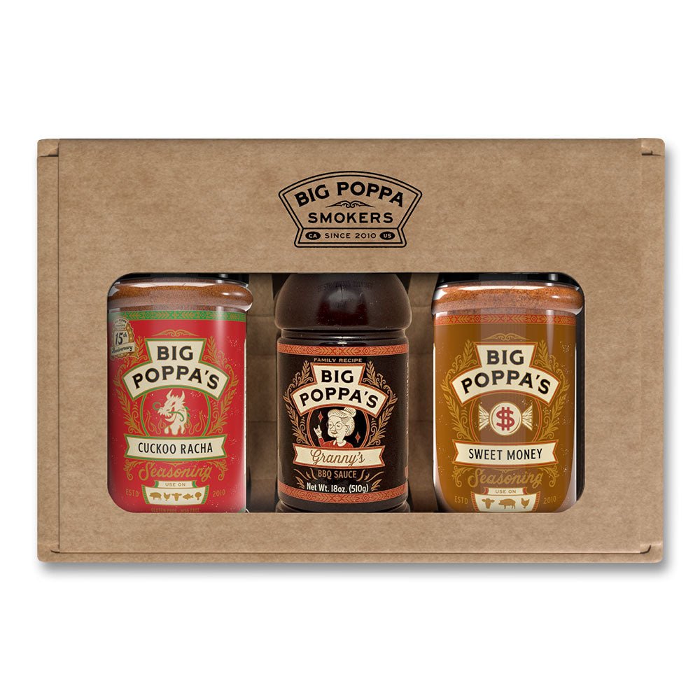 Big Poppa Smokers gift set featuring Cuckoo Racha seasoning, Granny's BBQ sauce, and Sweet Money seasoning in a cardboard box