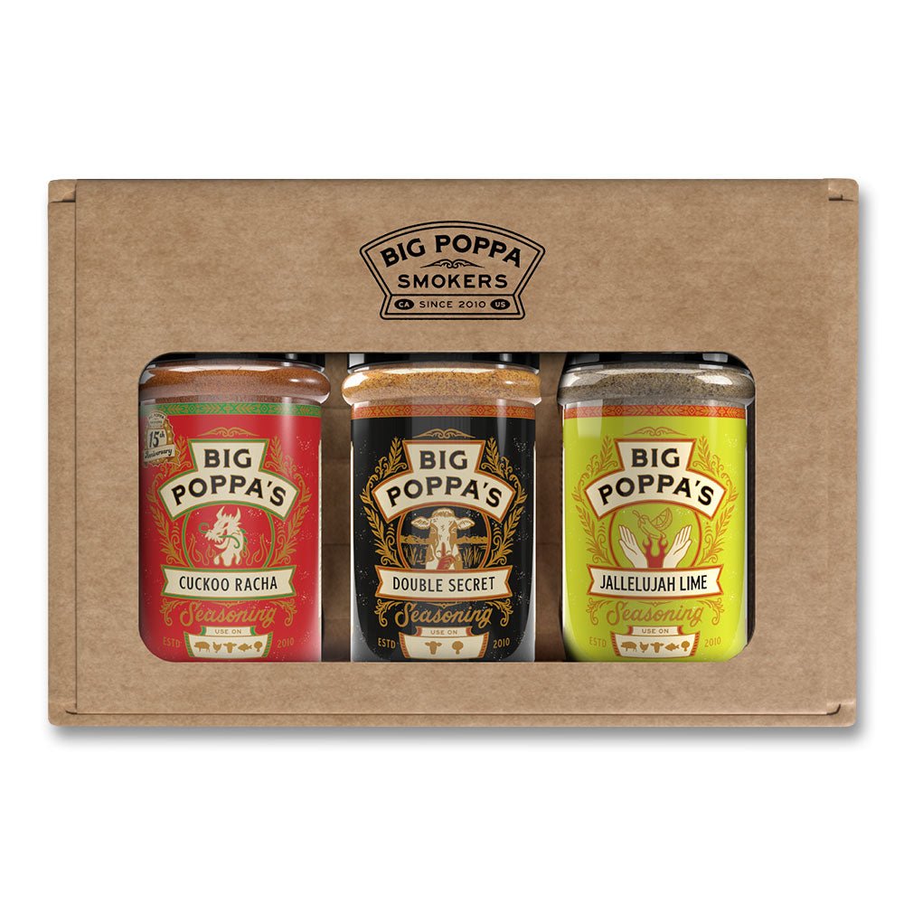 Big Poppa Smokers gift set featuring Cuckoo Racha, Double Secret, and Jalapeno Lime seasonings in a cardboard display box.