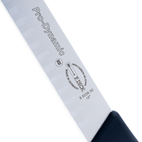 F. Dick 12-inch Seamless Hollow Ground Slicer from the ProDynamic series, featuring a long, slender blade designed for precision slicing. The handle is ergonomically designed for a comfortable grip, ideal for professional chefs and culinary enthusiasts.