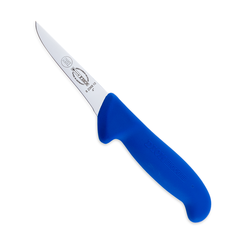 Close-up image of the F. Dick 4" Narrow Stiff Boning Knife - Ergogrip. The knife features a high-carbon stainless steel blade with a narrow, stiff design, ideal for precise boning tasks. It has a bright blue ergonomic handle for a comfortable and secure grip. Displayed on a plain white background, highlighting its sharpness and sturdy construction.
