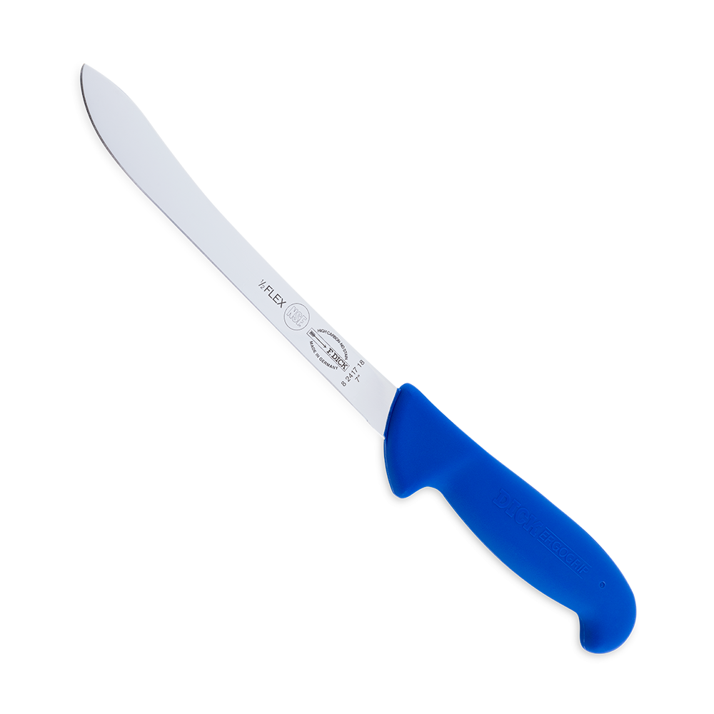 Close-up of an F. Dick 7-inch Flex Fish Fillet Knife with Ergogrip handle, showcasing its flexible blade and ergonomic design for precision filleting.