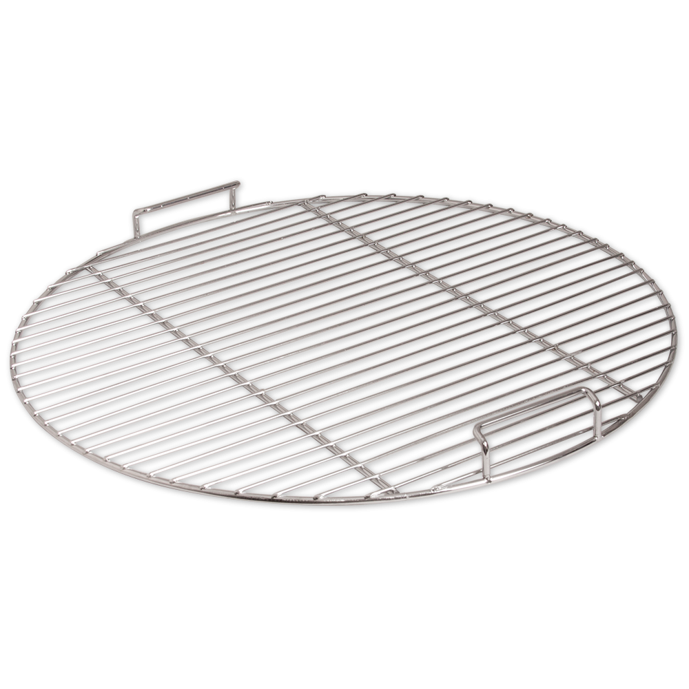 Silver metallic cooking grate for a drum grill, featuring a round design with evenly spaced bars and a small handle for easy lifting. The background is solid black, emphasizing the grate's details.