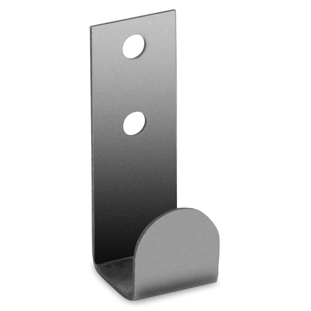 A metallic lid hook for a drum smoker, featuring a vertical design with two circular holes for attachment and a curved base. The hook is displayed against a dark background, silver-gray finish and streamlined shape.