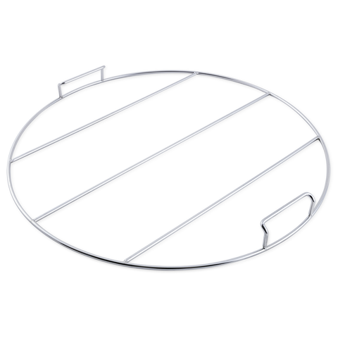 A digital illustration of a round, silver grill grate with parallel and diagonal bars, featuring a rectangular handle on one side.