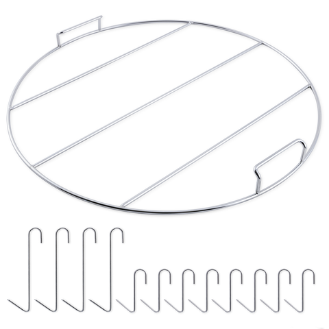A graphic of a circular, silver barbecue grill grate with parallel bars and an attached handle, displayed alongside a series of S-shaped metal hooks below.