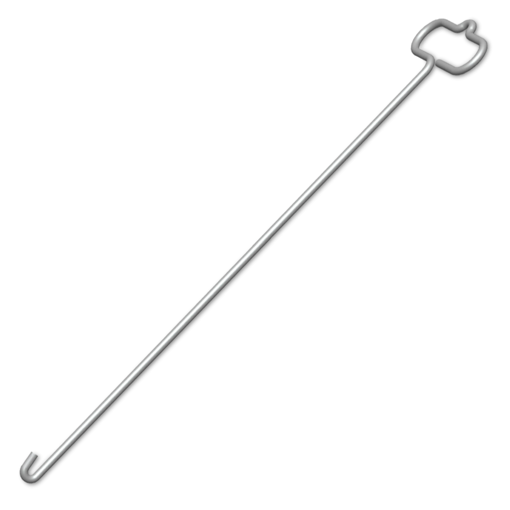 A long, metallic rod with a simple, symmetrical star-shaped handle on one end and a curved hook on the other, set against a stark black background. The rod is designed for practical use, likely as a tool for handling or adjusting items within a drum or smoker.