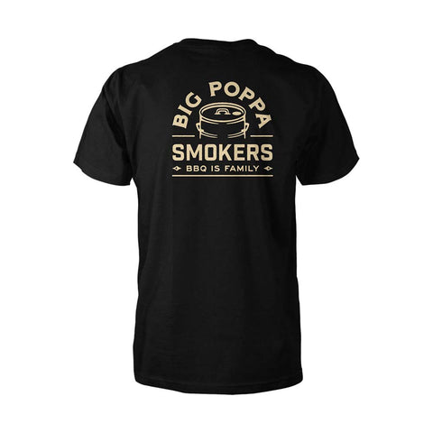 Back view of a black t-shirt featuring a large circular logo that reads 'Big Poppa Smokers, BBQ is Family' with a stylized barbecue grill graphic in the center.