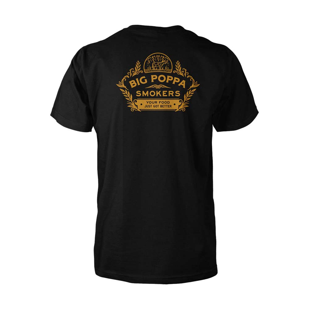 The back of the shirt with detailed print with laurel wreath accents and the phrase "Your Food Just Got Better" encircling the top and bottom of the logo, all set on a solid black background.