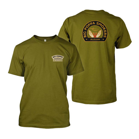 Front view of a green T-shirt with a small 'Big Poppa Smokers' logo on the chest and the back view of a green T-shirt featuring a large 'Big Poppa Smokers Jallelujah' logo with a design of hands holding a chili pepper over flames.